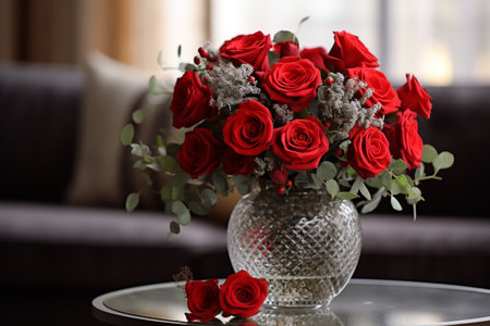 Beautiful bouquet of red roses in vase on table in roomの素材
