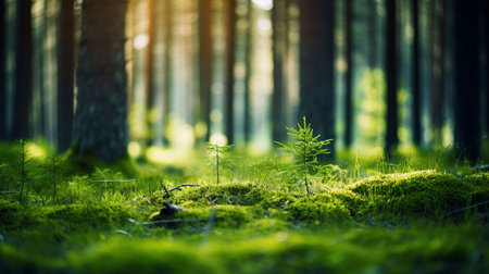 Beautiful green moss in the forest. Sunlight in the forestの素材