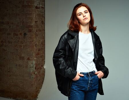 portrait of a girl in a leather jacketの写真素材