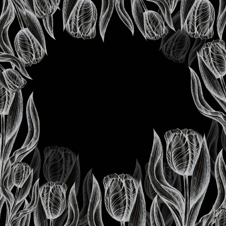 floral cards tulips pattern black backgroundの写真素材