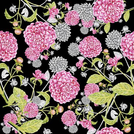 dahlias pattern isolate watercolor black backgroundの写真素材