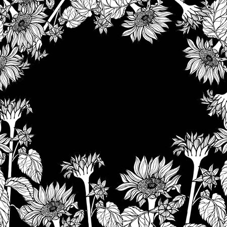 pattern card with sunflowers frame black backgroundの写真素材