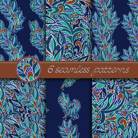 Vector set of seamless patterns with floral elements. Collection of patterns in dark blue and brown colors.のイラスト素材