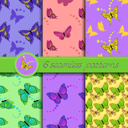 Vector set of seamless patterns with butterflies. Collection of patterns in in blue, pink, yellow, purple and greenl colors.のイラスト素材