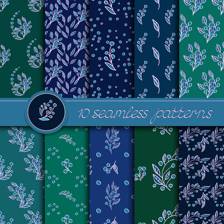 Vector set of seamless patterns with floral elements. Collection of patterns in dark blue and green colors.のイラスト素材