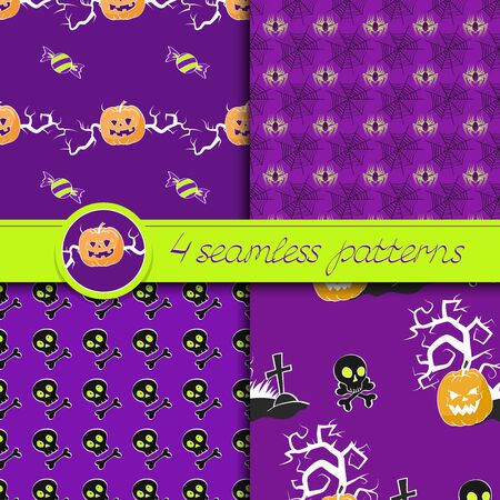 Vector set of four Halloween seamless patterns, in  purple, black, and orange colors.のイラスト素材