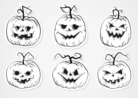 Halloween vector set of pumpkins stickers. Black contours.のイラスト素材