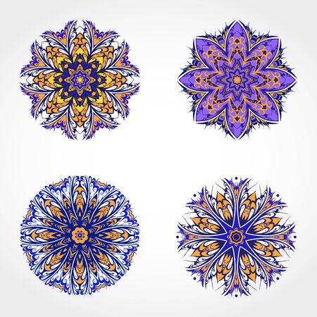 Vector set of decorative round ornaments. Design elements in yellow and blue colors.のイラスト素材