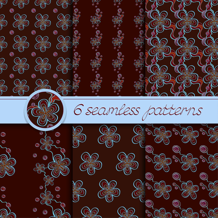 Vector set of seamless patterns with floral elements. Collection of patterns in blue and burgundy colors.のイラスト素材