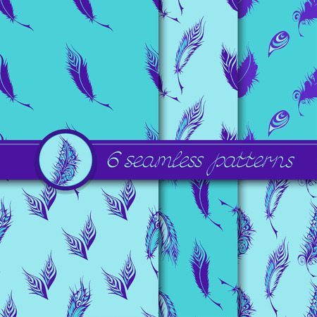 Vector set of six seamless patterns with stylized fantastical feathers. Collection of patterns in blue colors.のイラスト素材