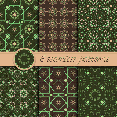 Vector set of decorative ornamental seamless patterns. Collection of patterns in dark green, browns and bright orange colors.のイラスト素材