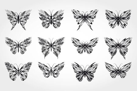 set of black silhouettes butterfliesのイラスト素材