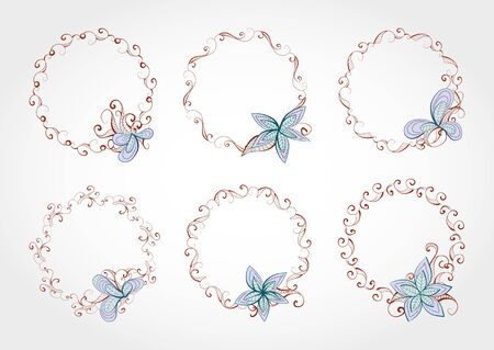 Vector set of floral round frame for your design with place for your text. In brown  and light blue colors.のイラスト素材