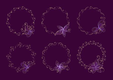 Vector set of floral round frame for your design with place for your text. In light yellow and purple colors.のイラスト素材