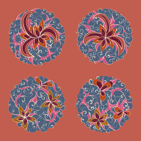 Set of vector round patterns with floral elements for your design. Collection of elements in pink, burgundy and blue colors.のイラスト素材