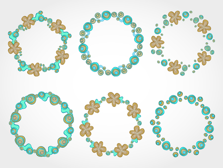 Vector set of floral round frames for your design with place for your text. In light  blue, light green and beige colors.のイラスト素材