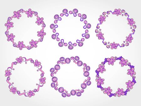 Vector set of floral round frames for your design with place for your text. In violet  colors.のイラスト素材