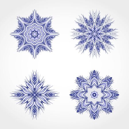 Vector set of decorative round ornaments, snowflakes. Design elements in blue colors.のイラスト素材