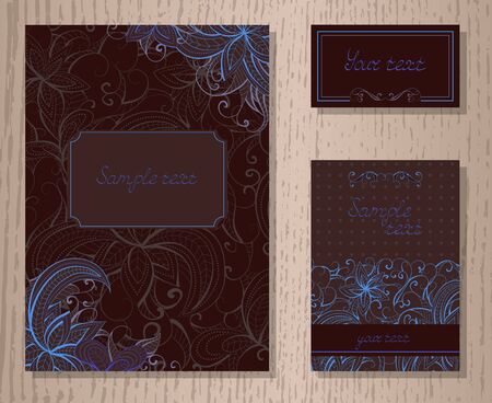set of templates invitations or greeting cards with decorative floral elements on a wooden backgroundのイラスト素材