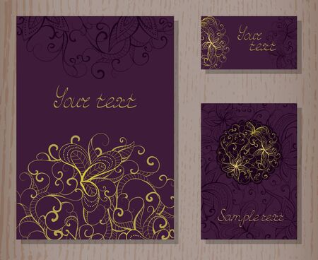 set of templates invitations or greeting cards with decorative floral elements on a wooden backgroundのイラスト素材