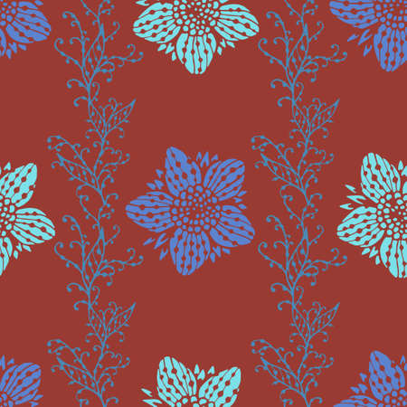 Seamless pattern with hand drawn flowers and floral elements. In blue and brown colors.のイラスト素材