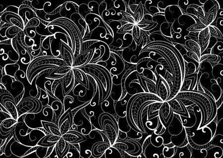 Floral  sketchy doodles decorative. White outlines on a black background.のイラスト素材