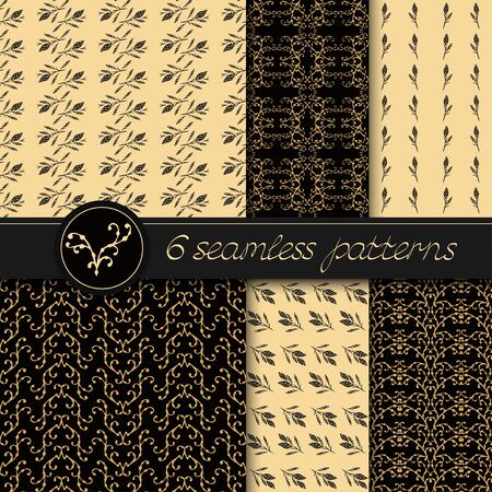 set of six seamless patterns with hand drawn floral elements. In black, gray and yellow colors.のイラスト素材