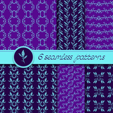 set of six seamless patterns with hand drawn floral elements. In purple and turquoise colors.のイラスト素材