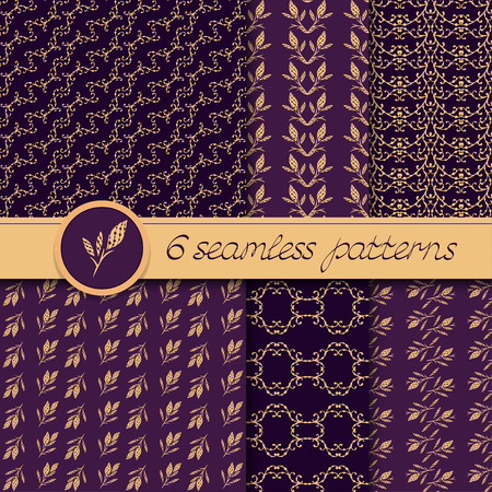 set of six seamless patterns with hand drawn floral elements. In purple and orange light colors.のイラスト素材