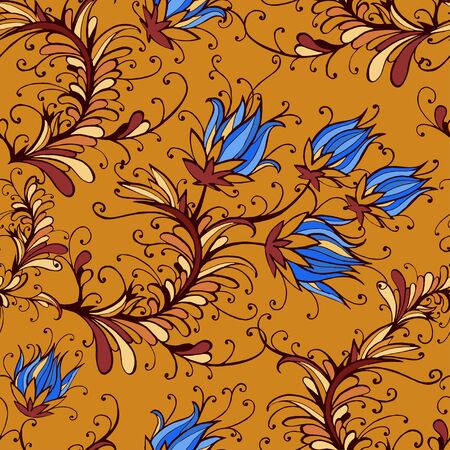 Seamless pattern with hand drawn flowers and floral elements. In orange and blue colors.のイラスト素材