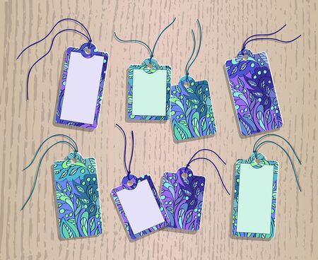 set of gift tags on cord with floral pattern, in green and blue colors. And the place for your text.のイラスト素材