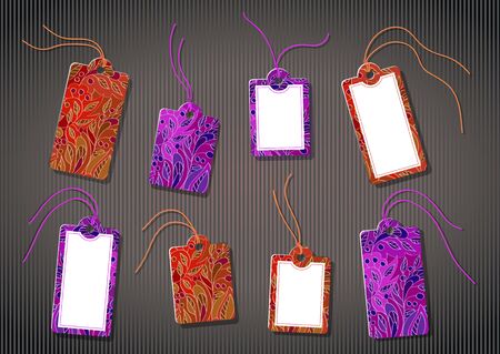 set of gift tags on cord with floral pattern, in red and purple colors. And the place for your text.のイラスト素材