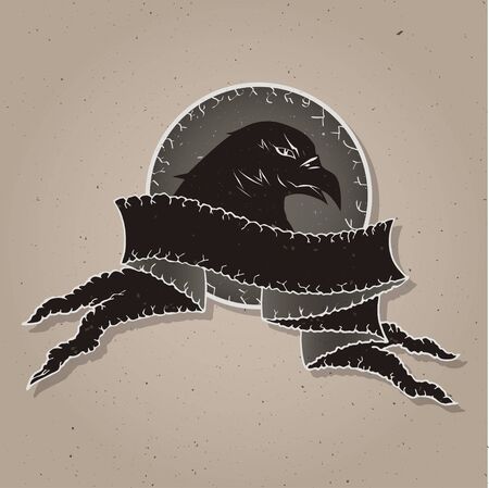 eagle head on shield with tattered banner. In dark colors. Gradient used.のイラスト素材