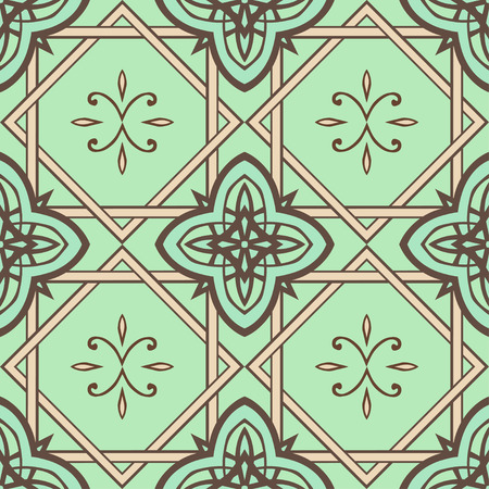 Seamless pattern with ornamental elements. Vector. In brown, green and yellow colors.のイラスト素材