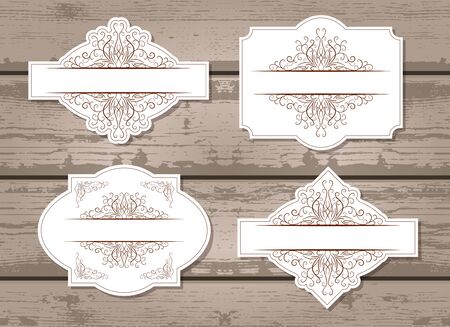 Vector set of labels with ornamental decorative elements. On wooden background.のイラスト素材