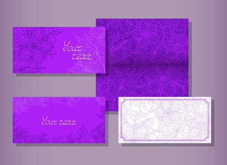 Vector set of templates invitations or greeting cards with decorative floral elements. Collection of templates in purple and lilac colors.のイラスト素材