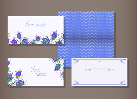 Vector set of templates invitations or greeting cards with decorative floral elements. Collection of templates in blue colors.のイラスト素材
