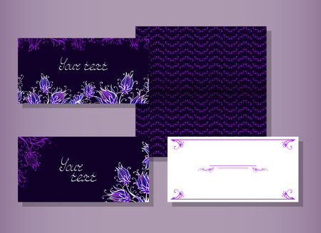 Vector set of templates invitations or greeting cards with decorative floral elements. Collection of templates in purple colors.のイラスト素材