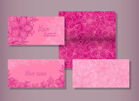 Vector set of templates invitations or greeting cards with decorative floral elements. Collection of templates in bright pink colors.のイラスト素材