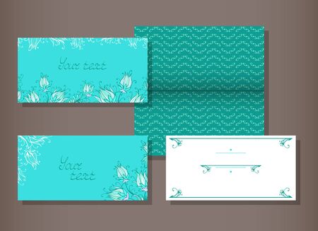 Vector set of templates invitations or greeting cards with decorative floral elements. Collection of templates in green colors.のイラスト素材