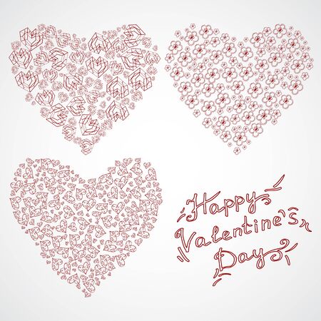 Vector heart shapes with Valentine's Day elements and lettering Happy Valentine's Day. In white color on a red background.のイラスト素材