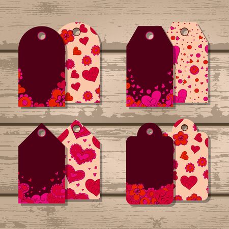 Vector set of gift tags with hearts and flowers for Valentine's Day on a wooden background. In red and beige colors.のイラスト素材