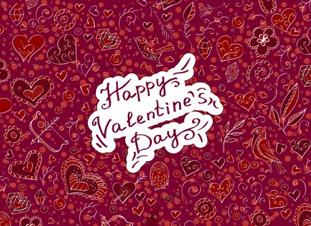 Vector background with hand drawn objects and lettering for Valentine's Day. Doodle. In red color.のイラスト素材