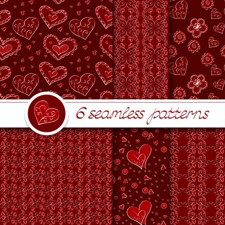Vector set of six seamless hand drawn patterns for Valentine's Day. In red color.のイラスト素材