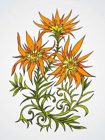 Vector hand drawn illustration with flowers. In orange and green colors.のイラスト素材