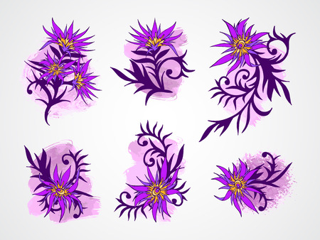 Vector set of hand drawn flowers, branches and leaves with textured watercolor element. In violet colors.のイラスト素材