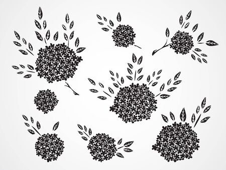 Vector set of black silhouettes hand drawn flowers, branches and leaves.のイラスト素材