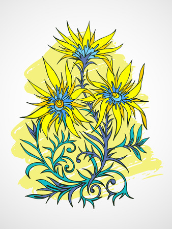 Vector hand drawn illustration with flowers on textured watercolor background. In blue and brown colors.のイラスト素材