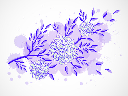 Vector hand drawn illustration with twig and flowers on textured watercolor background. In blue colors.のイラスト素材