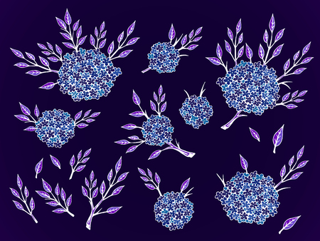 Vector set of hand drawn flowers, branches and leaves. In blue colors.のイラスト素材